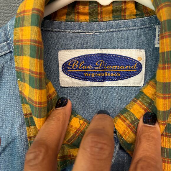 Vintage Blue Diamond Thanksgiving Fall Shirt Button Patchwork Cottage Denim - Picture 5 of 9